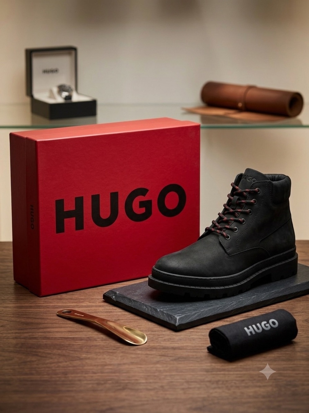 HUGO Men's Black Nubuck Lace-Up Ankle Boot with Red Accents